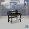 Image showcasing adjustable workbench and sizes for a 48" Wide Adjustable Height Garage Steel Workbench