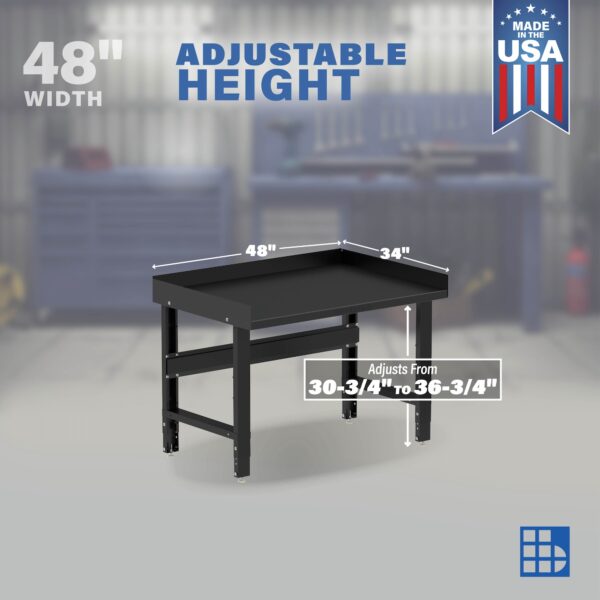 Image showcasing adjustable workbench and sizes for a 48" x 34" Metal Work Bench For Sale