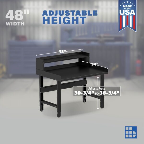 Image showcasing adjustable workbench and sizes for a 48" x 34" Wide Adjustable Height Garage Steel Workbench