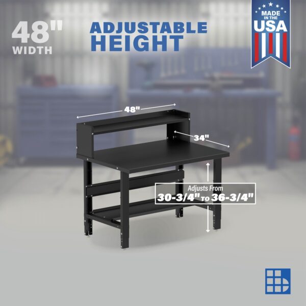 Image showcasing adjustable workbench and sizes for a 48" x 34" Wide Small Steel workbench for sale