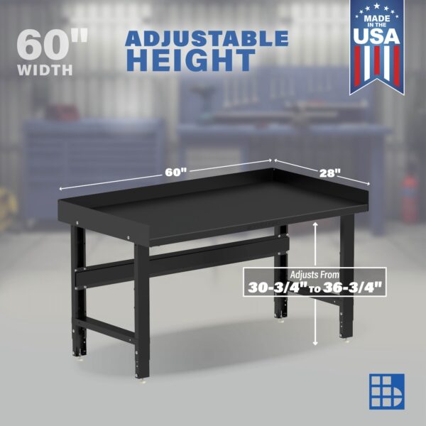 Image showcasing adjustable workbench and sizes for a 60" steel work bench for sale