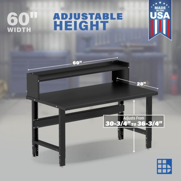Image showcasing adjustable workbench and sizes for 60" Wide steel Workbenches for Garages