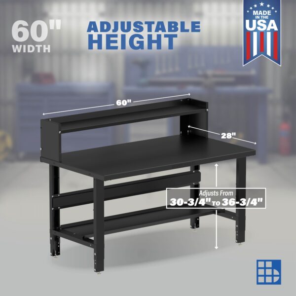 Image showcasing adjustable workbench and sizes for a 60" Wide Adjustable Height Garage Steel Workbenches