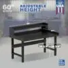Image showcasing adjustable workbench and sizes for a 60" x 34" Wide Adjustable Height Garage Steel Workbench