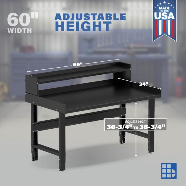 Image showcasing adjustable workbench and sizes for a 60" x 34" Wide Adjustable Height Garage Steel Workbench