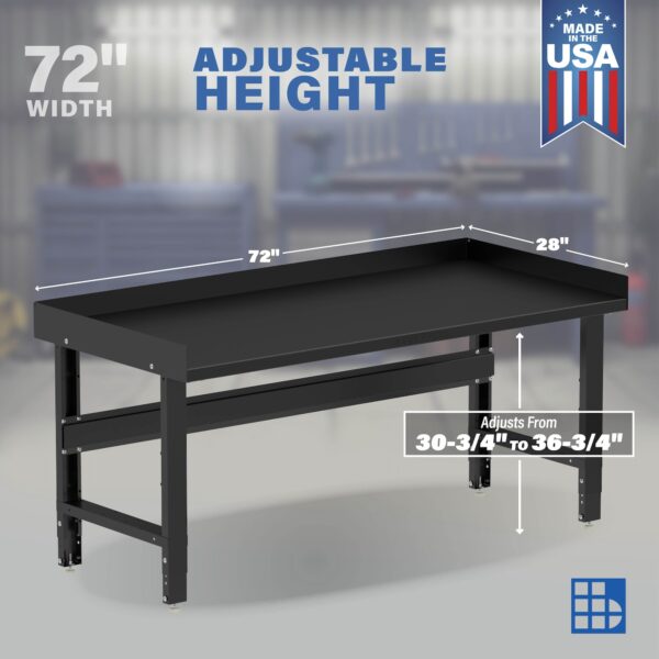 Image showcasing adjustable workbench and sizes for a 72" steel work bench for sale