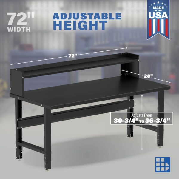 Image showcasing adjustable workbench and sizes for 72" Wide steel Workbenches for Garages
