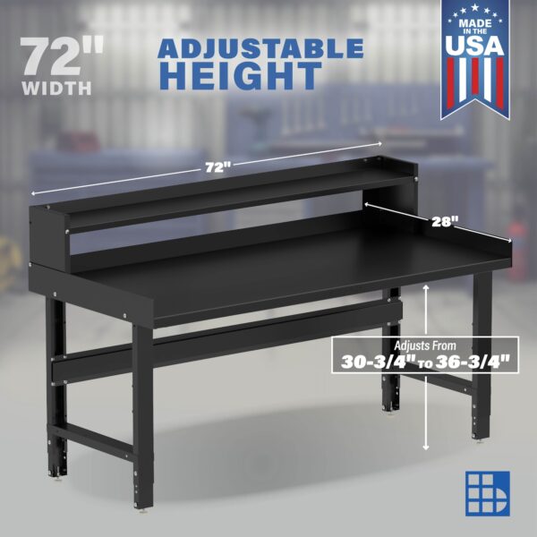 Image showcasing adjustable workbench and sizes for a 72" Wide Adjustable Height Garage Steel Workbench