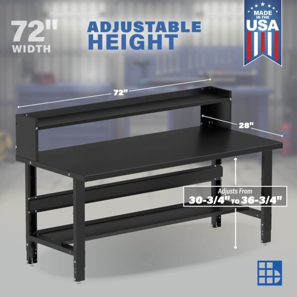 Image showcasing adjustable workbench and sizes for a 72" Wide Adjustable Height Garage Steel Workbenches