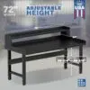 Image showcasing adjustable workbench and sizes for a 72" x 34" Wide Adjustable Height Garage Steel Workbench