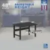 Image showing workbench adjustability and sizes for a 48 inch metal adjustable height workbench