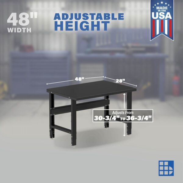 Image showing workbench adjustability and sizes for a 48 inch metal adjustable height workbench