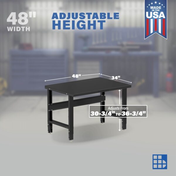 Image showing workbench adjustability and sizes for a 48 x 34 inch metal adjustable height workbench
