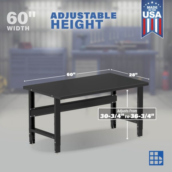 Image showcasing adjustable workbench and sizes for a 60 inch steel workbench