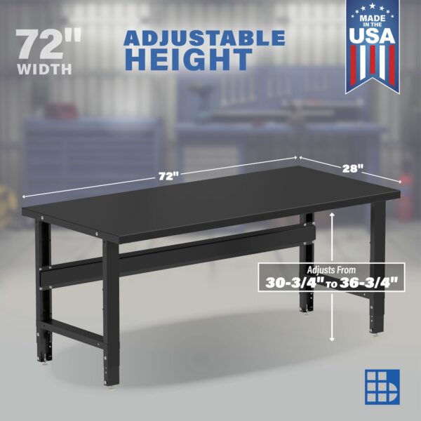 Image showcasing adjustable workbench and sizes for a 72 inch steel workbench