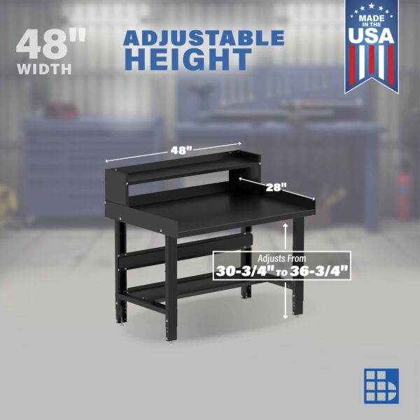 Image showcasing adjustable workbench and sizes for a 48" Wide steel work bench for sale