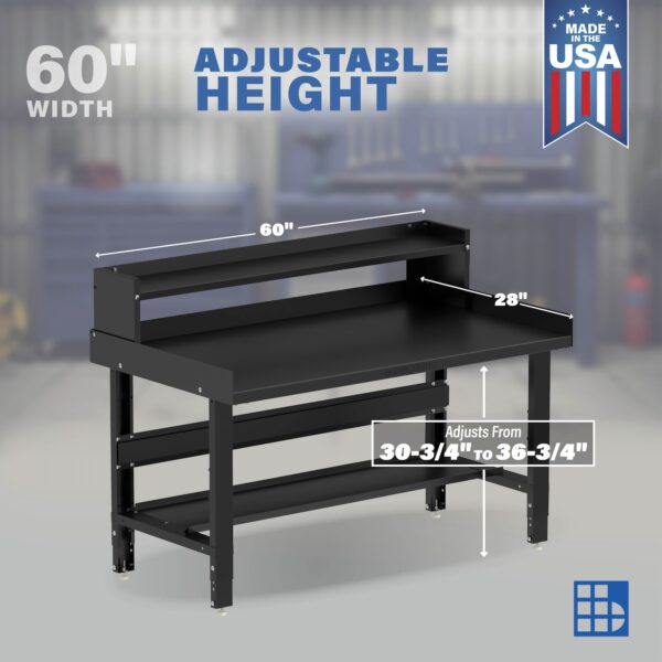 Image showcasing adjustable workbench and sizes for a 60" Wide metal work bench for sale