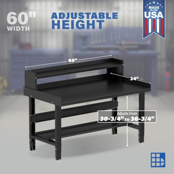 Image showcasing adjustable workbench and sizes for a 60" x 34" Wide metal work bench for sale