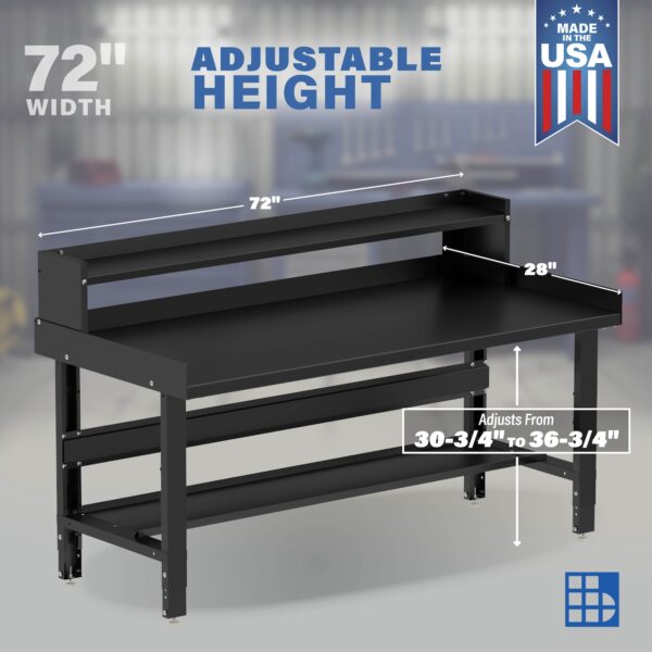 Image showcasing adjustable workbench and sizes for a 72" Wide metal work bench for sale