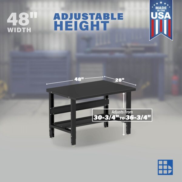 Image showcasing adjustable workbench and sizes for a 48" Wide Adjustable Height Steel workbench