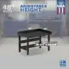 Image showcasing adjustable workbench and sizes for a 48" x 34" Wide Heavy Duty Steel Workbench
