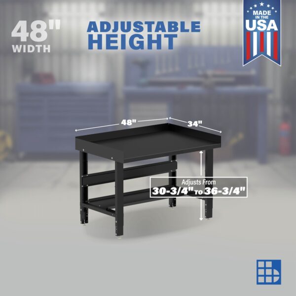 Image showcasing adjustable workbench and sizes for a 48" x 34" Wide Heavy Duty Steel Workbench