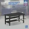 Image showcasing adjustable workbench and sizes for a 60" Wide Adjustable Height Steel work bench