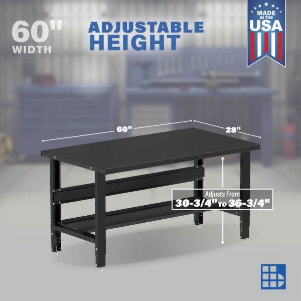 Image showcasing adjustable workbench and sizes for a 60" Wide Adjustable Height Steel work bench
