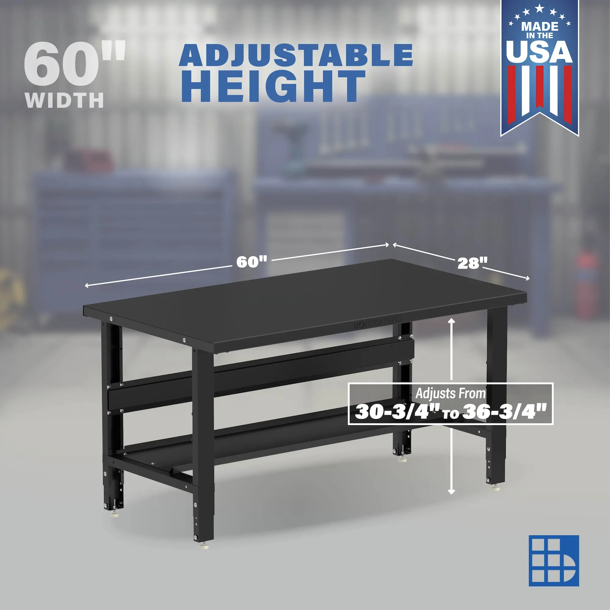 Image showcasing adjustable workbench and sizes for a 60" Wide Adjustable Height Steel work bench