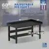 Image showcasing adjustable workbench and sizes for a 60" Wide Heavy Duty Steel Workbench