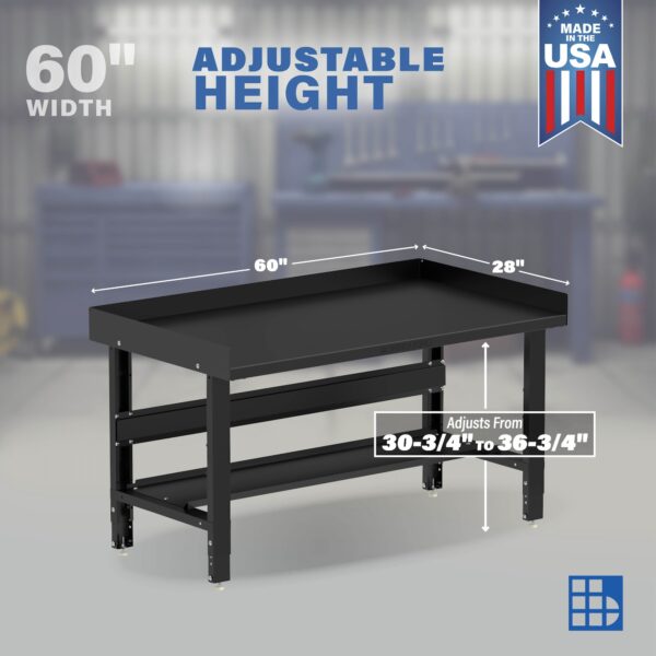 Image showcasing adjustable workbench and sizes for a 60" Wide Heavy Duty Steel Workbench