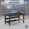Image showcasing adjustable workbench and sizes for a 60" x 34" Wide Adjustable Height Steel work bench