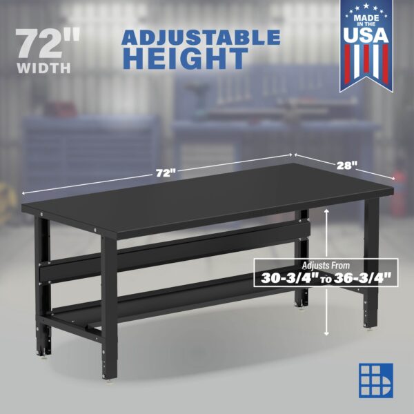 Image showcasing adjustable workbench and sizes for a 72" Wide Adjustable Height Steel work bench