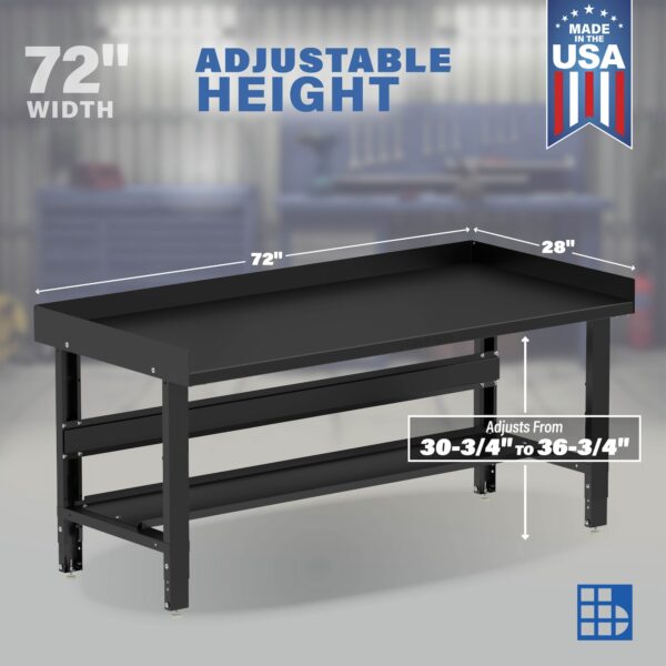 Image showcasing adjustable workbench and sizes for a 72" Wide Heavy Duty Steel Workbench