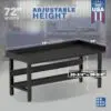 Image showcasing adjustable workbench and sizes for a 72" x 34" Wide Heavy Duty Steel Workbench