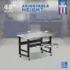 Image showcasing adjustable workbench and sizes for a 48" Rolling Stainless Steel Workbench for Sale