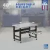 Image showcasing adjustable workbench and sizes for a 48" x 34" Rolling Stainless Steel Workbench for Sale
