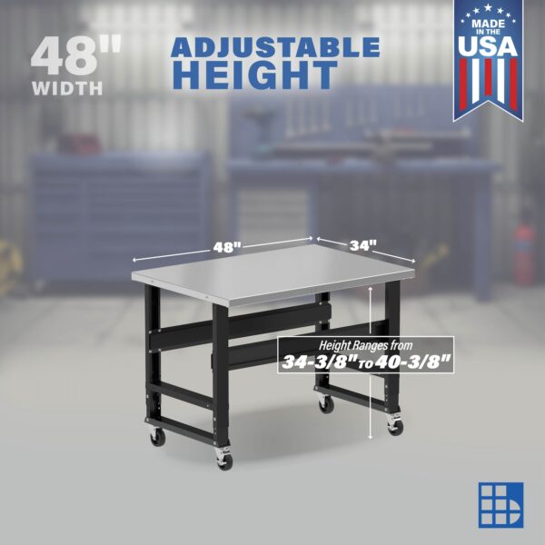 Image showcasing adjustable workbench and sizes for a 48" x 34" Rolling Stainless Steel Workbench for Sale