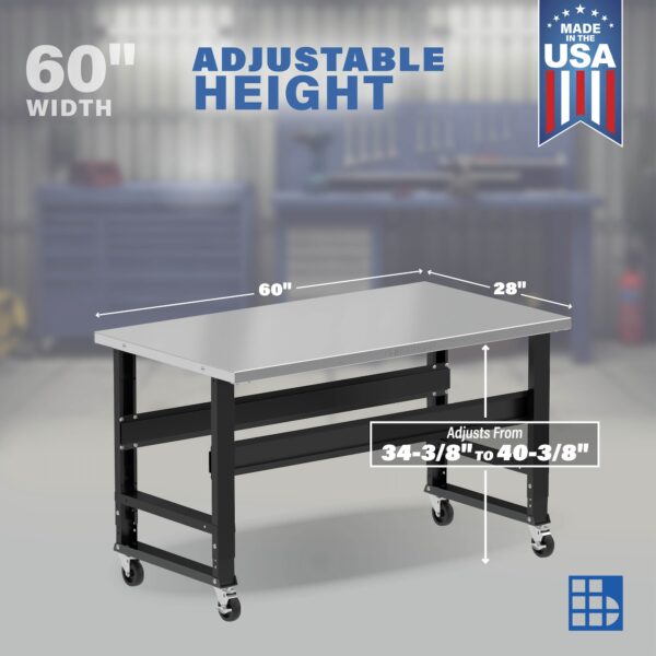 Image showcasing adjustable workbench and sizes for a 60" Wide Mobile stainless steel work bench for sale
