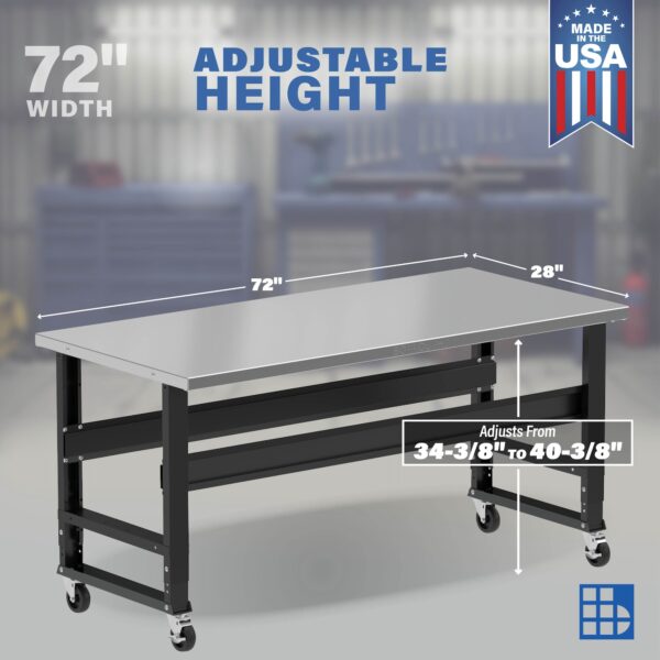 Image showcasing adjustable workbench and sizes for a 72" Wide Mobile stainless steel workbench for sale
