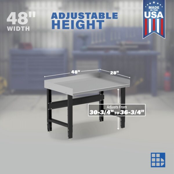 Image showcasing adjustable workbench and sizes for a 48" stainless steel top workbench for sale