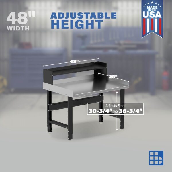 Image showcasing adjustable workbench and sizes for a 48" Adjustable Height Garage Stainless Steel Workbench