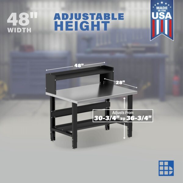Image showcasing adjustable workbench and sizes for a 48" Small Stainless Steel Workbench