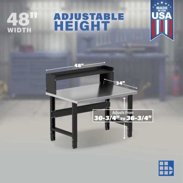 Image showcasing adjustable workbench and sizes for a 48" x 34" stainless steel Workbenches for the garage