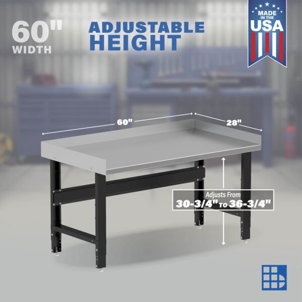 Image showcasing adjustable workbench and sizes for a 60" stainless steel top work bench for sale