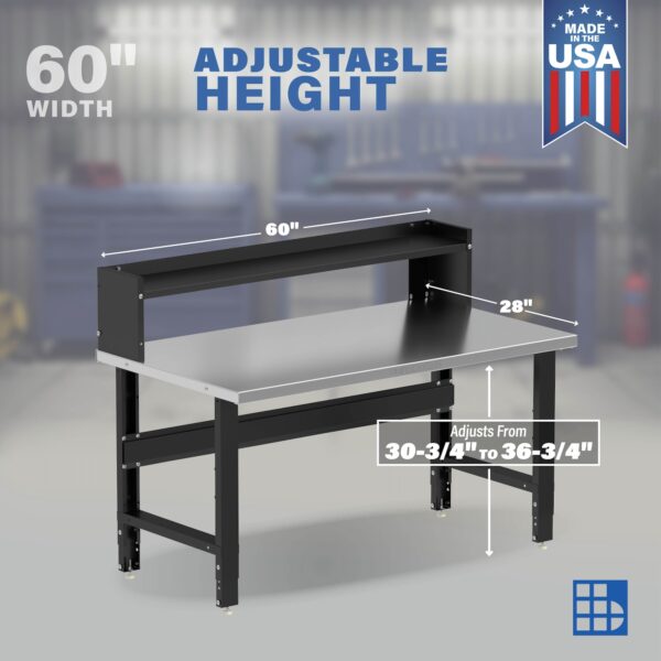 Image showcasing adjustable workbench and sizes for 60" Wide stainless steel Workbenches for Garages