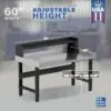 Image showcasing adjustable workbench and sizes for a 60" Wide Adjustable Height Garage Stainless Steel Workbench