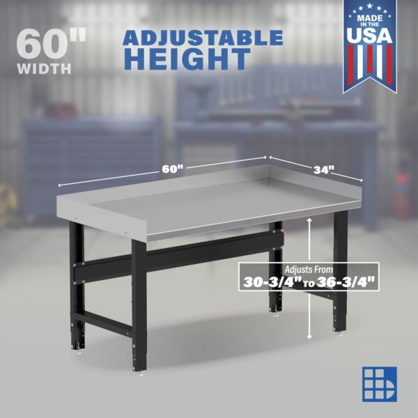 Image showcasing adjustable workbench and sizes for a 60" x 34" stainless steel top work bench for sale