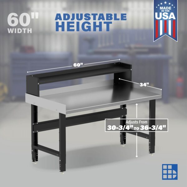 Image showcasing adjustable workbench and sizes for a 60" x 34" Wide Adjustable Height Garage Stainless Steel Workbench
