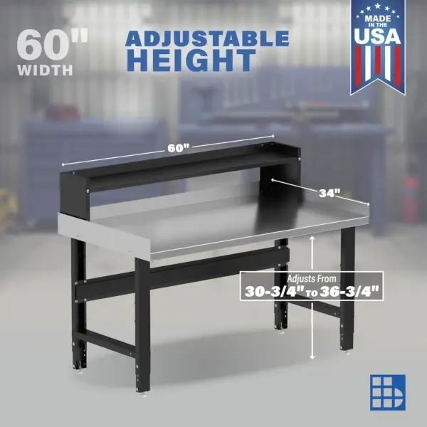 Image showcasing adjustable workbench and sizes for a 60" x 34" Wide Adjustable Height Garage Stainless Steel Workbench